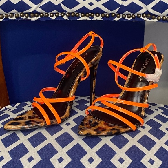 Neon orange brown black leopard cheetah strappy pointy toe high heel sandals - Picture 5 of 5